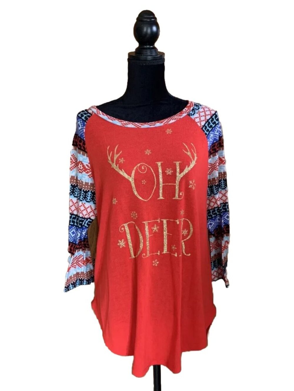 No Boundaries Womens Shirt Size XL Red Blue Gold Glitter “Oh Deer” 3/4 Sleeve